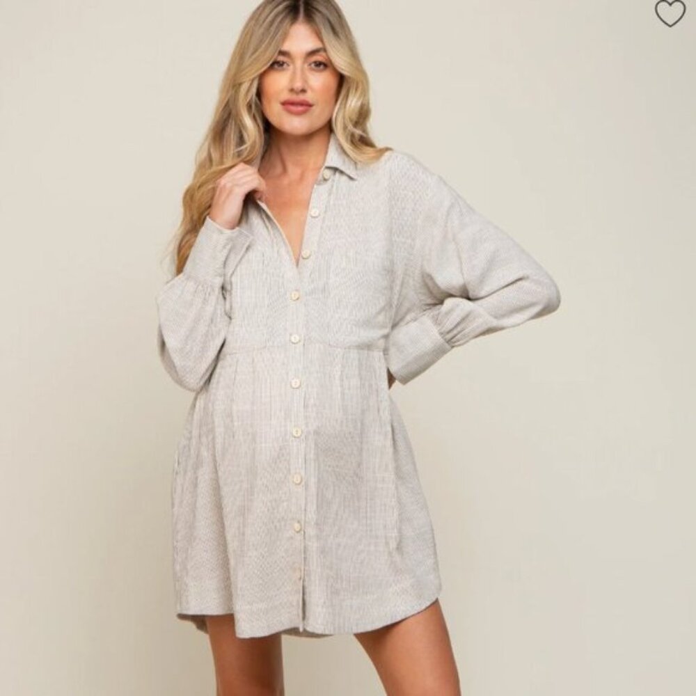 Beige Striped Button Down Maternity Shirt Dress